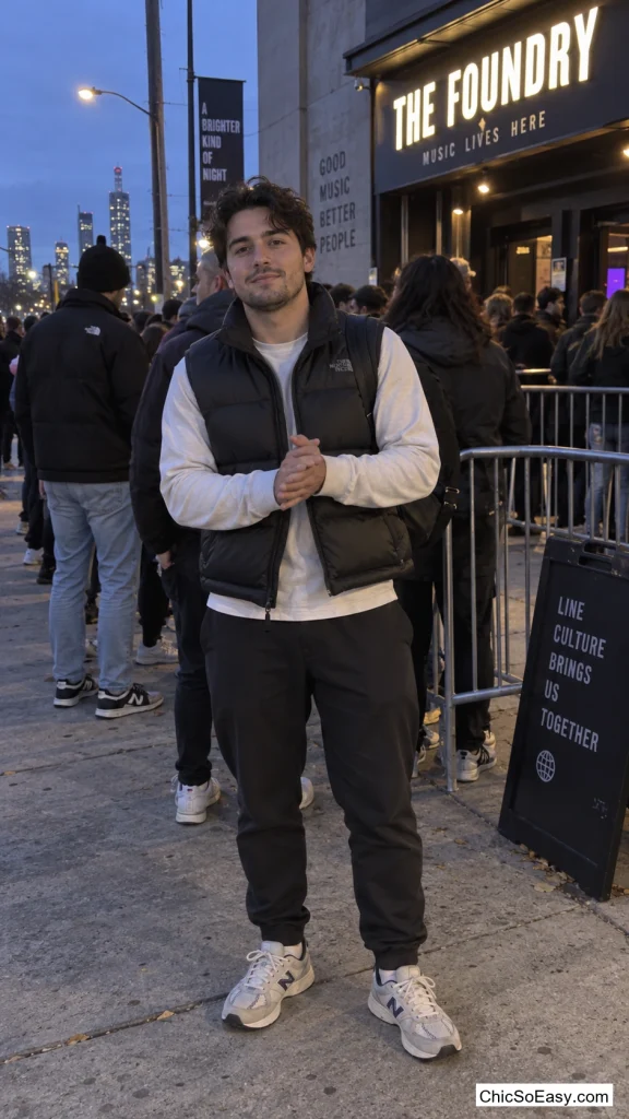 A Cropped Puffer Vest Over a Long-Sleeve Tee and Joggers