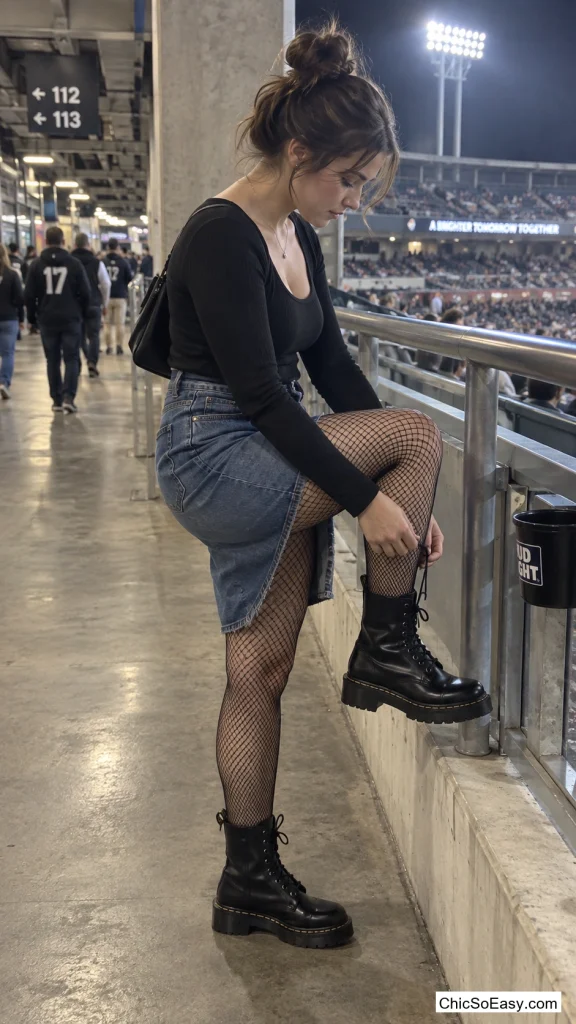 A Denim Skirt With Fishnet Tights and Combat Boots