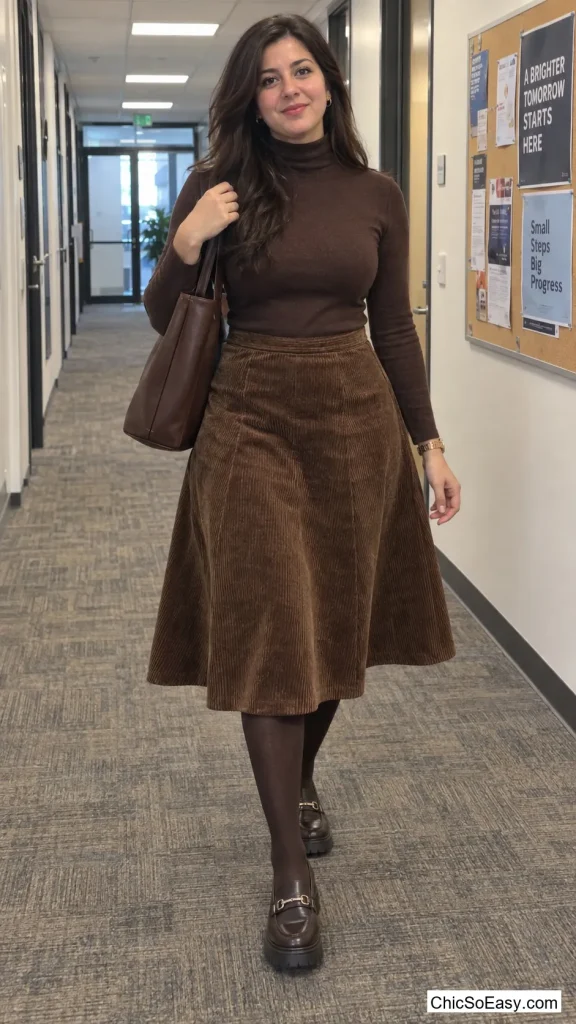 A-Line Corduroy Skirt With Opaque Tights and Loafers