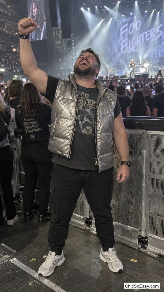 A Metallic Bomber Vest Over a Graphic Tee and Joggers