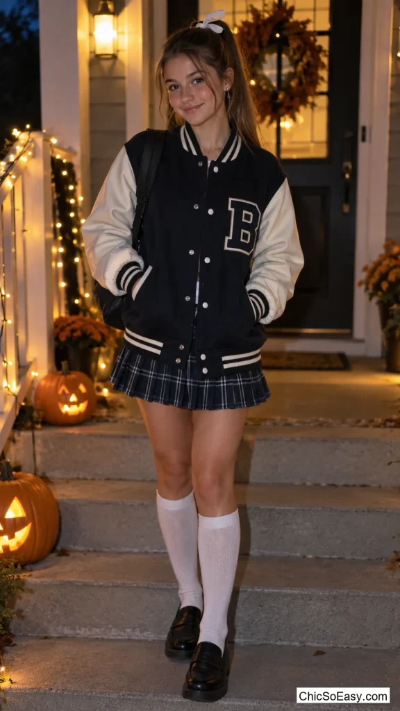 A Varsity Jacket Buttoned Over a Cheer Skirt