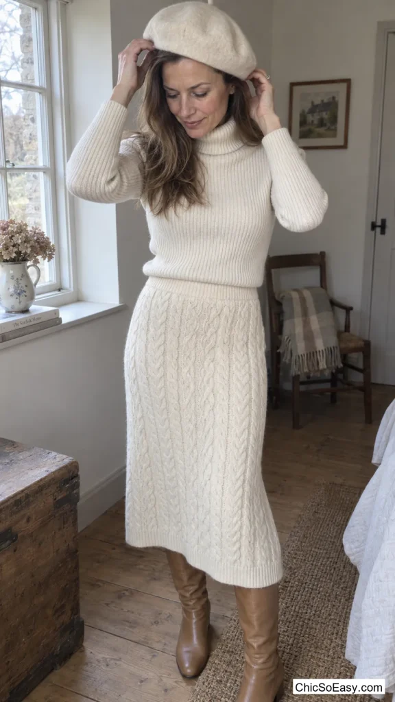 All-Cream Knit Set: Turtleneck, Midi Skirt, and Matching Beret