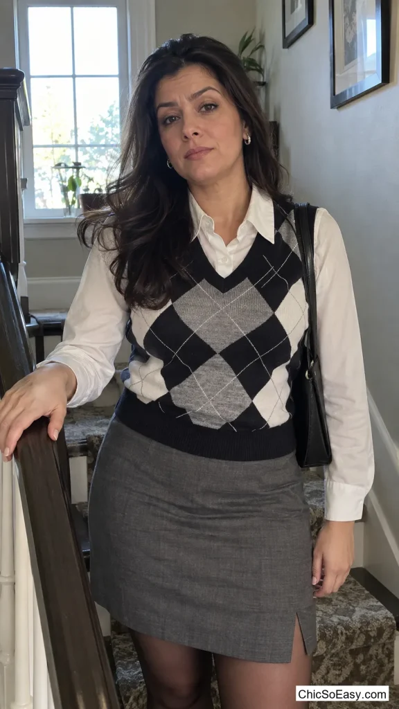 Argyle Vest Layered with a Blouse