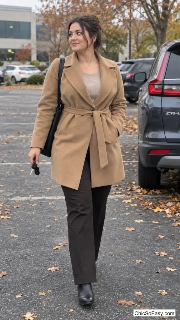Belted Wrap Coat Over Straight-Leg Trousers