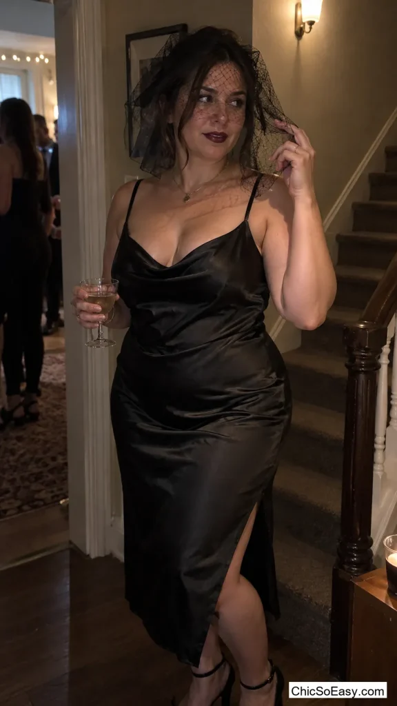 Black Slip Dress and a Short Veil