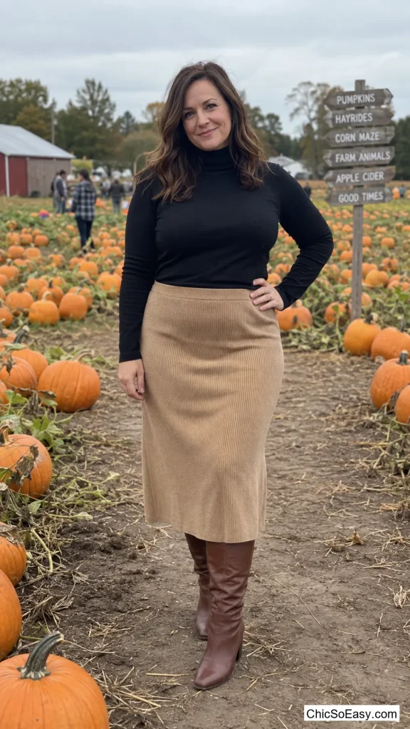 Black Turtleneck With a Camel Skirt
