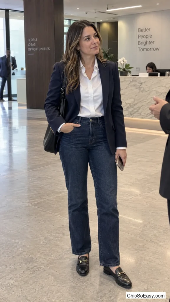 Blazer, Button-Down, and Dark Denim