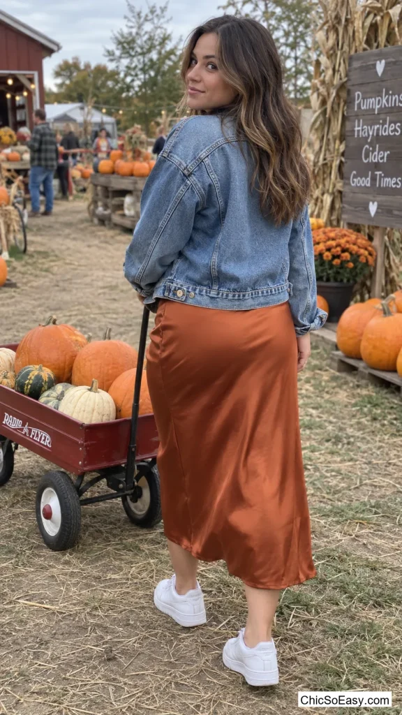 Burnt Orange Satin Skirt With Denim