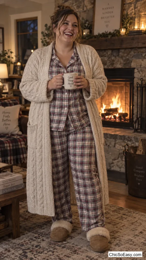 Cable-Knit Cardigan Robe Over Flannel Pajama Set