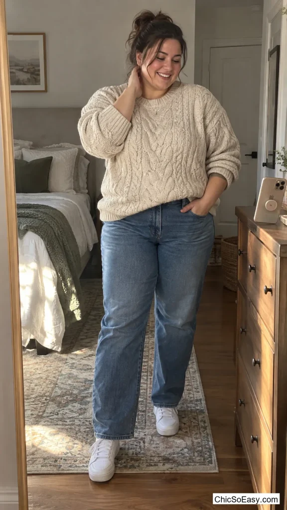 Cable Knit Sweater and Jeans