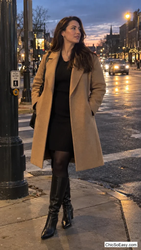 Camel Coat Over a Black Dress