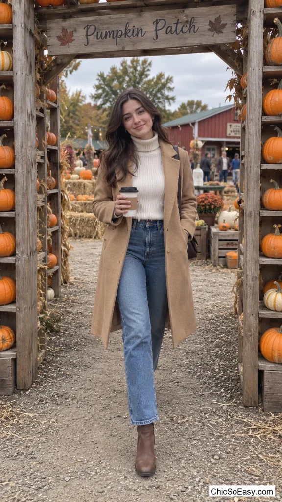 Camel Coat Over a Cream Turtleneck