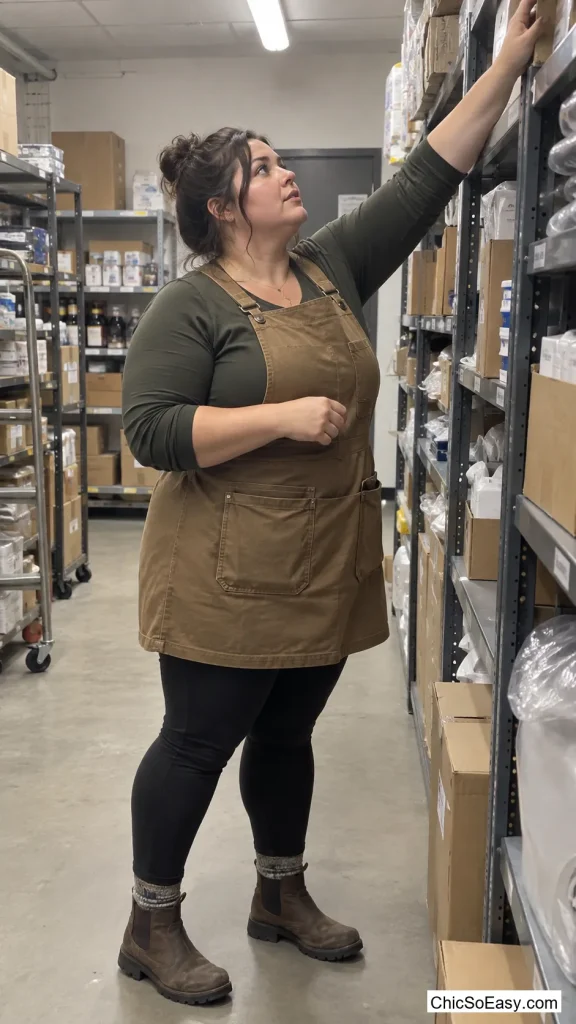Canvas Utility Apron Dress Over Fleece-Lined Leggings