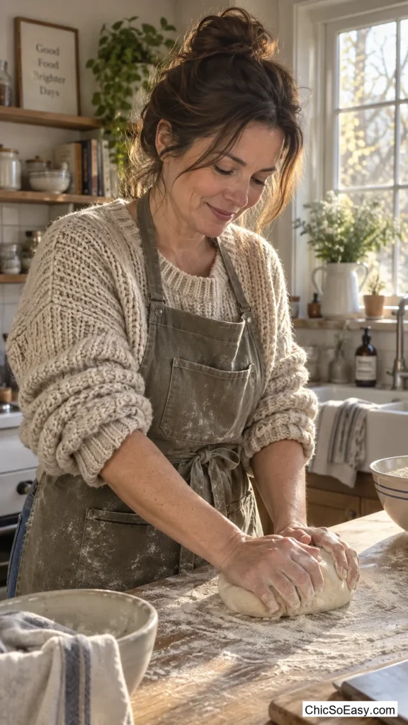 Canvas Work Apron Worn Over a Chunky Knit Sweater