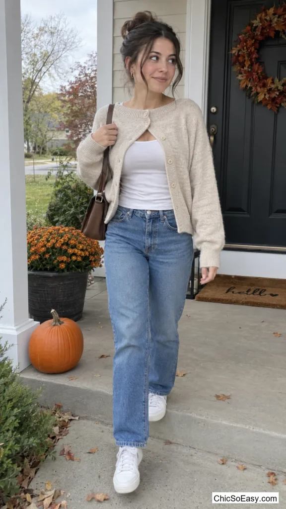 Cardigan Buttoned Backward Over a Tank