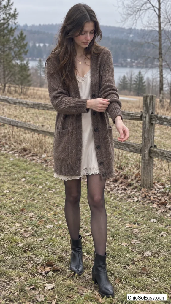 Cardigan Buttoned Over a Slip Dress