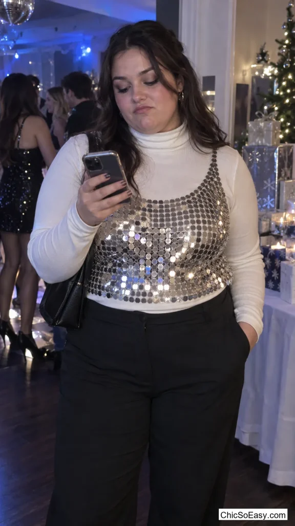 Chainmail-Style Sequin Top Over a Plain White Turtleneck