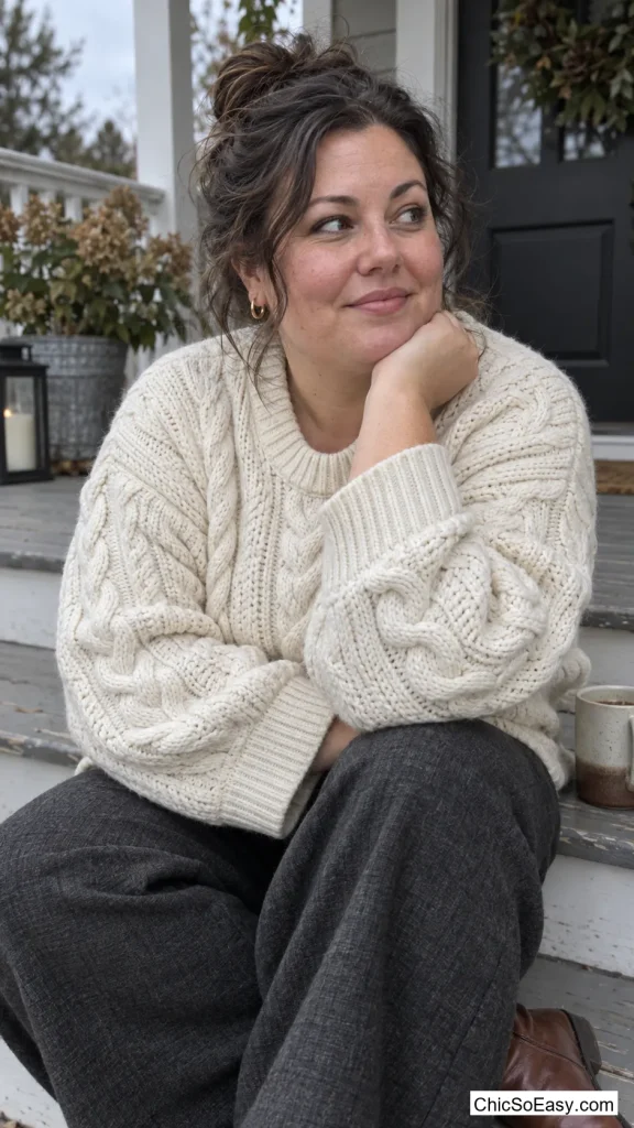 Charcoal Wool Trousers with an Ivory Fisherman Sweater
