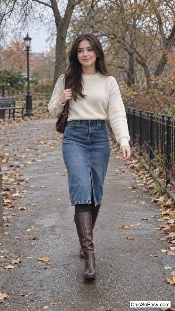 Chocolate Riding Boots and Denim Skirt