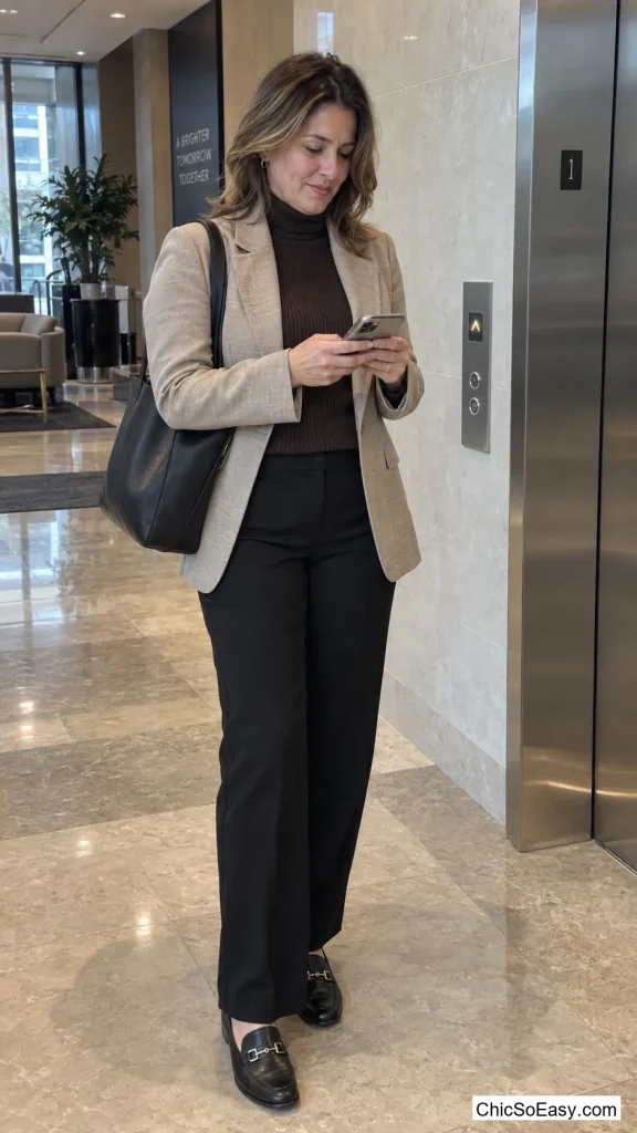 Chocolate Turtleneck Under the Stone Blazer