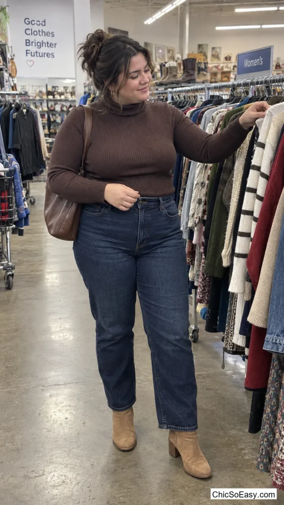 Chocolate Turtleneck With Tan Boots That Don't Match