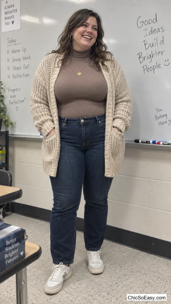 Chunky Cardigan Over a Turtleneck Bodysuit