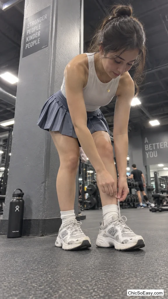 Chunky Dad Sneakers Paired with a Pleated Mini Skirt