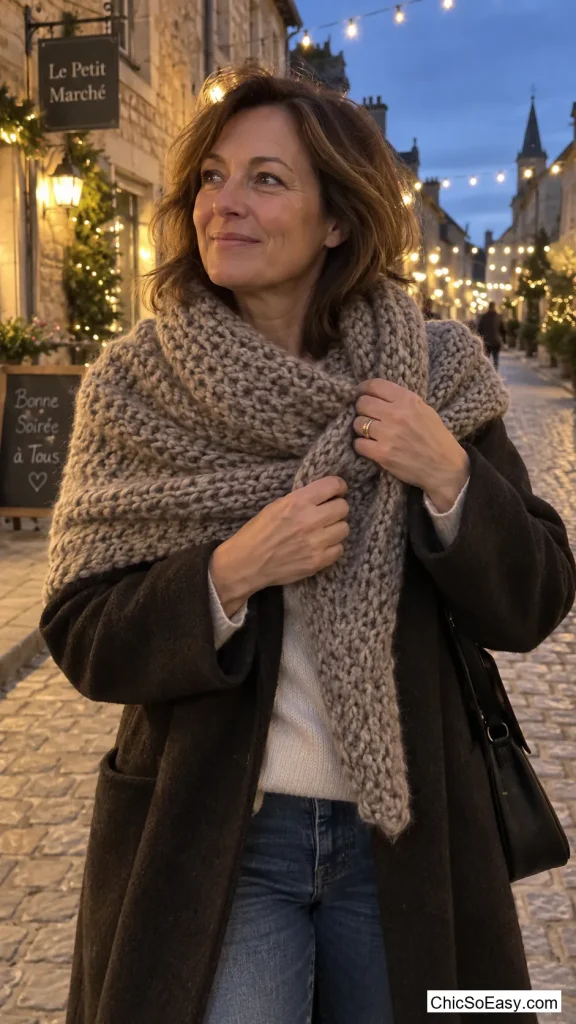 Chunky Knit Scarf Doubled as a Wrap Over a Plain Wool Coat