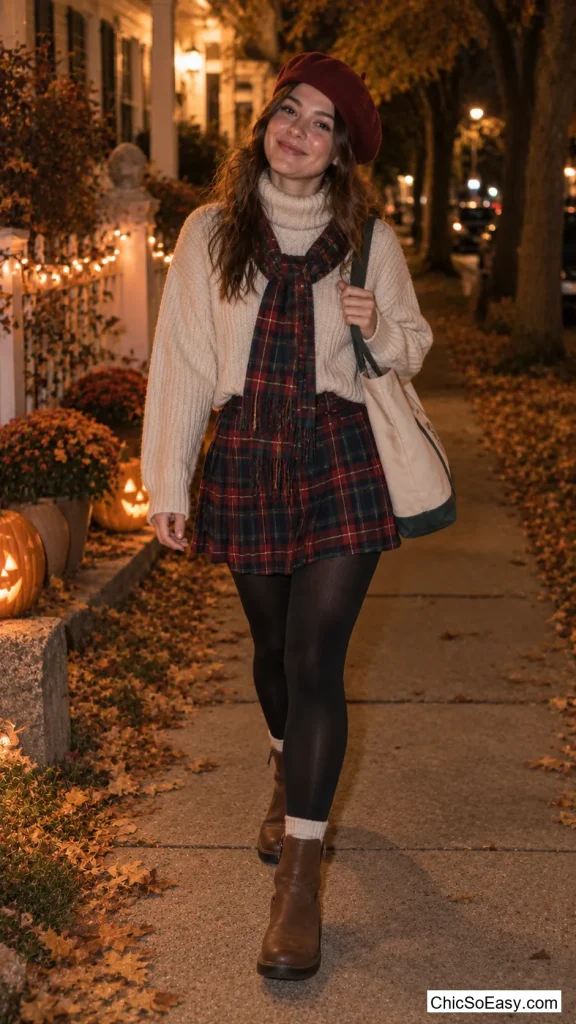 Chunky Turtleneck and Tartan Skirt Bistro Artist