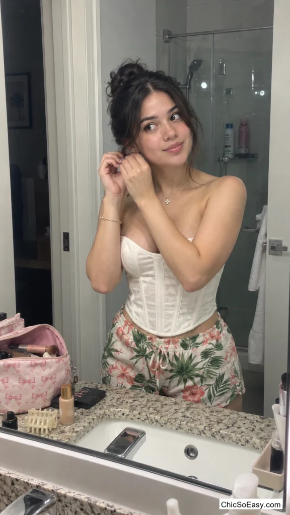 Coconut Corset Over Palm-Print Shorts