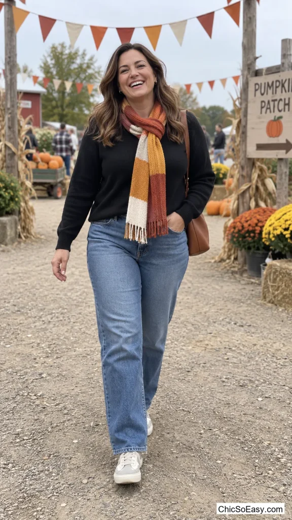 Color-Block Scarf Over a Black Sweater