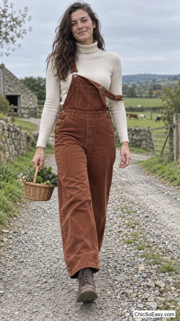 Corduroy Overalls Layered Over a Turtleneck