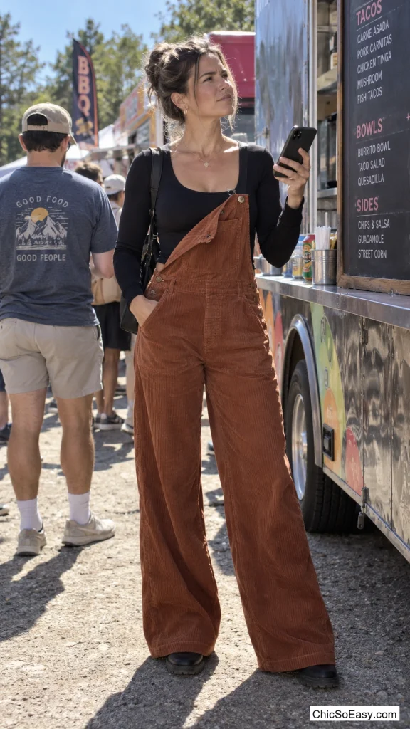 Corduroy Overalls Over a Bodysuit