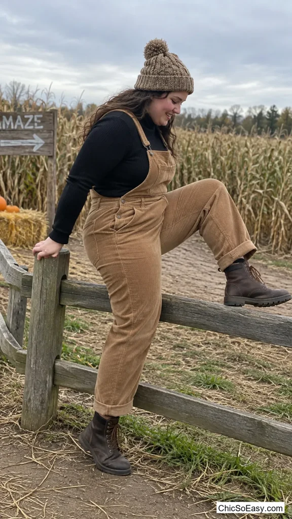 Corduroy Overalls Over a Turtleneck