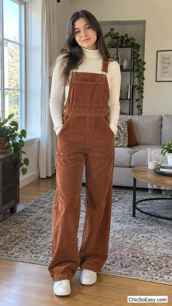 Corduroy Overalls Over a Turtleneck