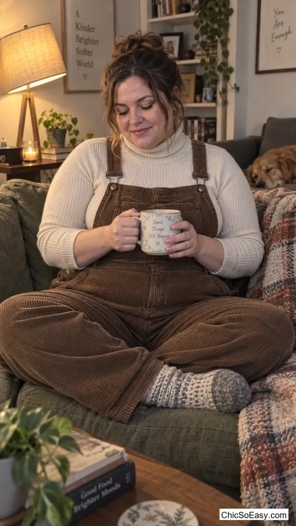 Corduroy Overalls Over a Turtleneck