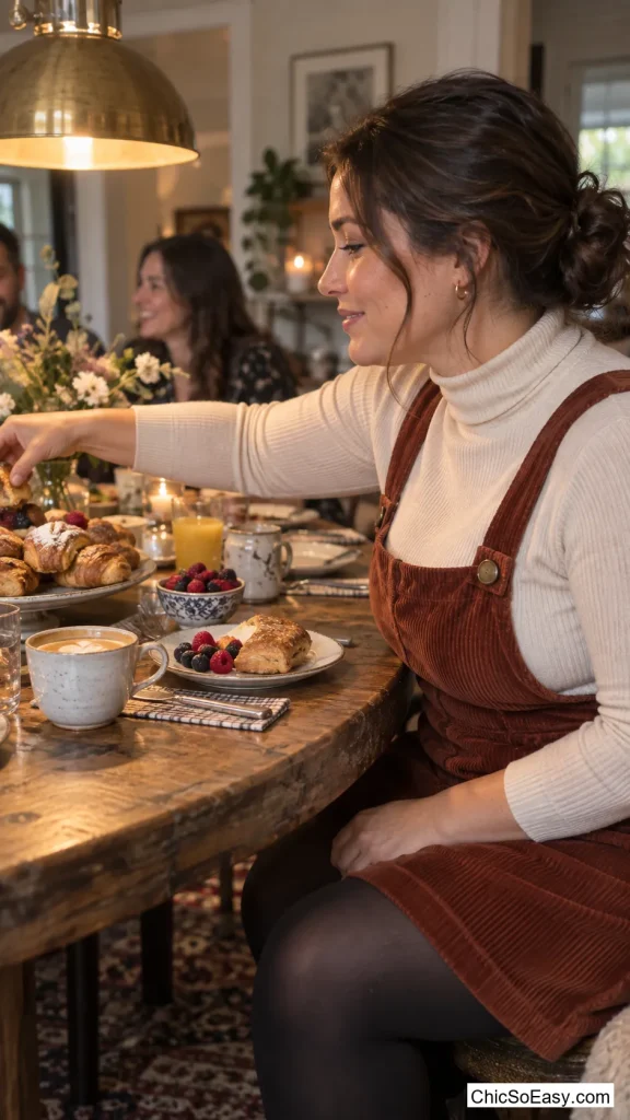 Corduroy Pinafore Over a Fine-Knit Turtleneck