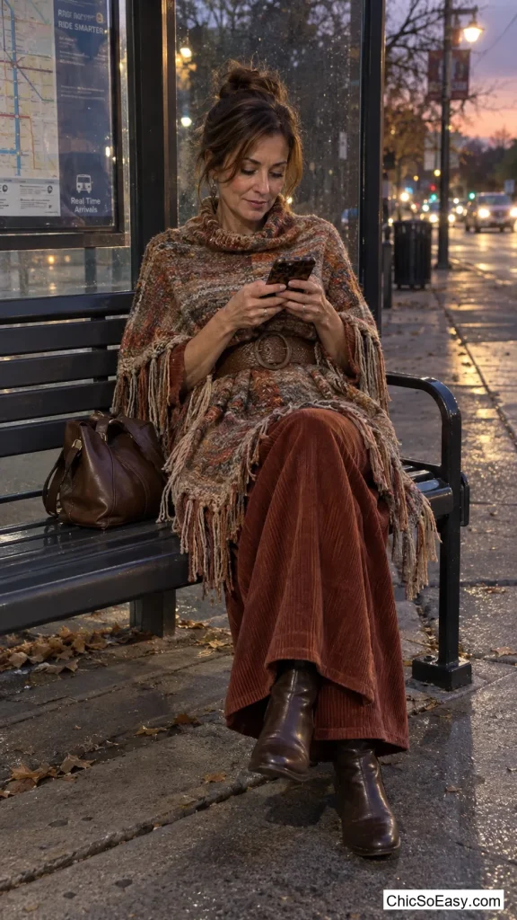 Corduroy Skirt Under Belted Poncho