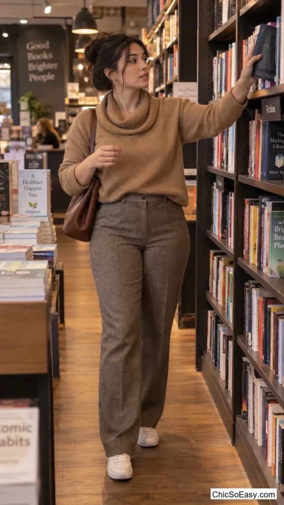 Cowl-Neck Sweater Tucked Into Straight-Leg Trousers