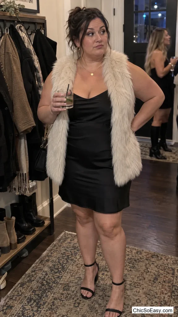 Cream Faux Fur Vest Over a Slip Dress