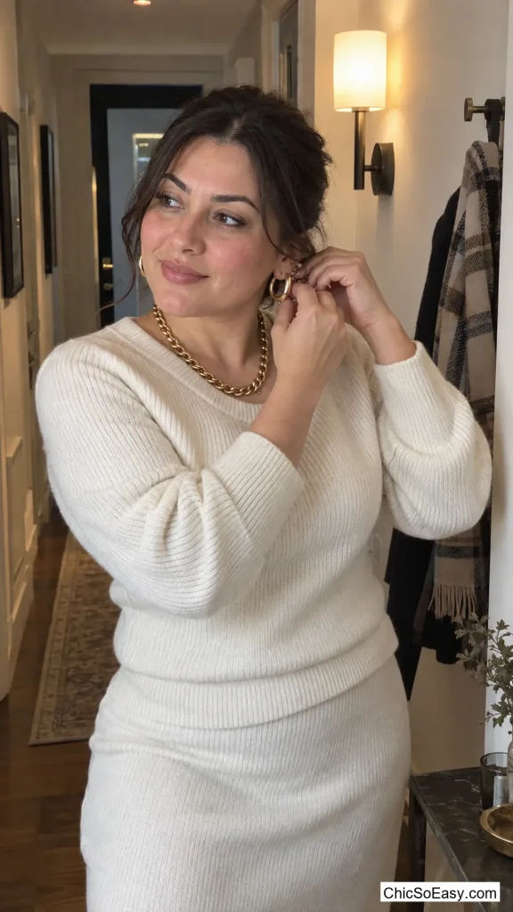 Cream Knit Set With Mismatched Gold Jewelry