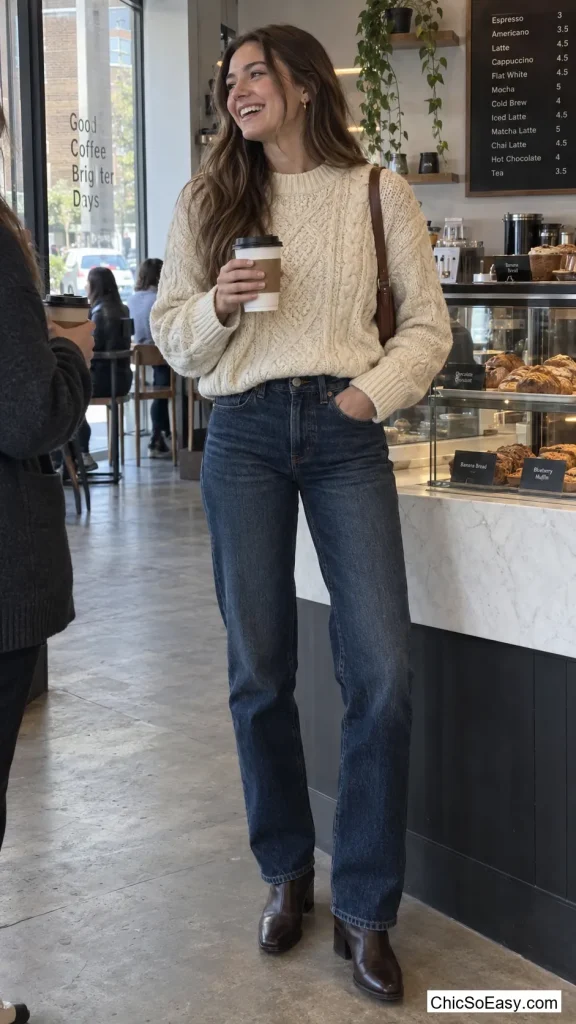 Cream Sweater Over Dark Wash Denim