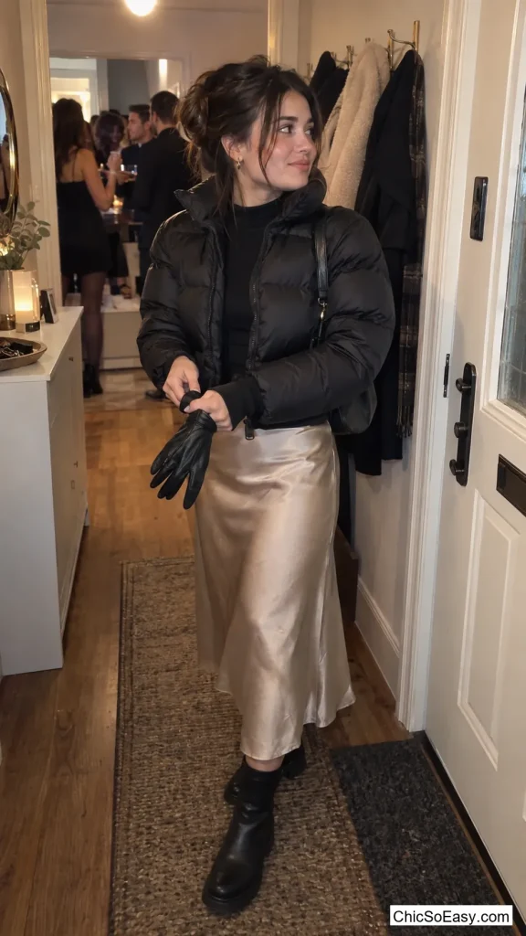 Cropped Puffer Jacket Over a Satin Slip Skirt