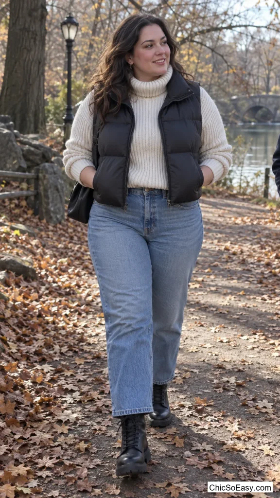 Cropped Puffer Vest Over a Turtleneck