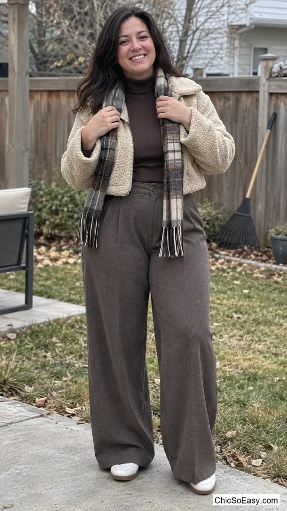 Cropped Shearling Jacket With High-Waisted Wide-Leg Pants