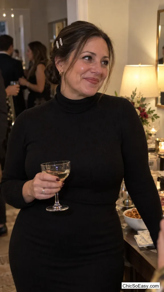 Crystal-Studded Hair Clips with a Plain Black Turtleneck Dress