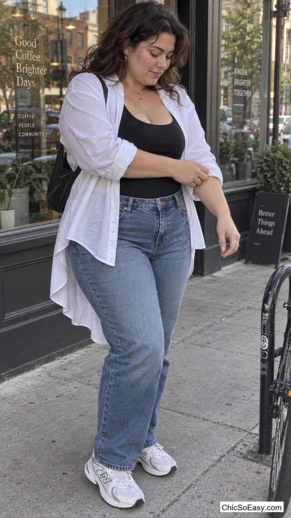 Curved-Hem Shirt Over a Bodysuit