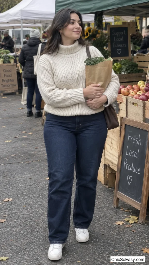 Dark Straight-Leg Jeans With a Funnel-Neck Popover