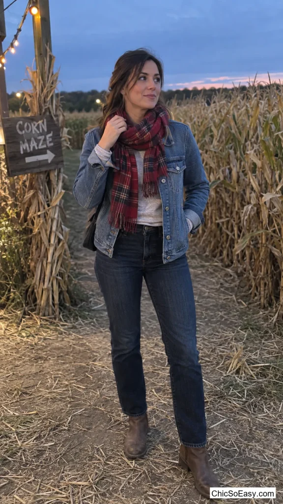Denim Jacket Over a Plaid Scarf