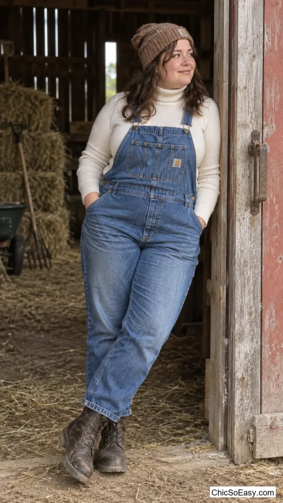 Denim Overalls with a Cream Turtleneck and Wool Beanie